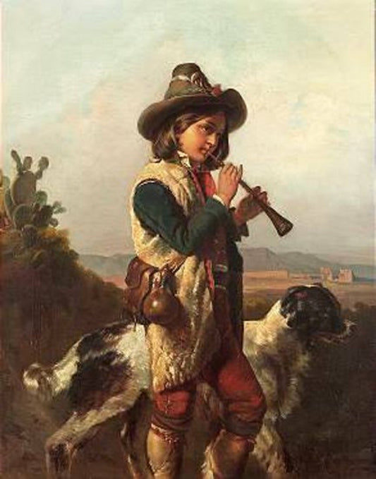 Flute Playing Shepherd with his Dog, vintage artwork by Alfred Jacques van Muyden, A3 (16x12") Poster Print