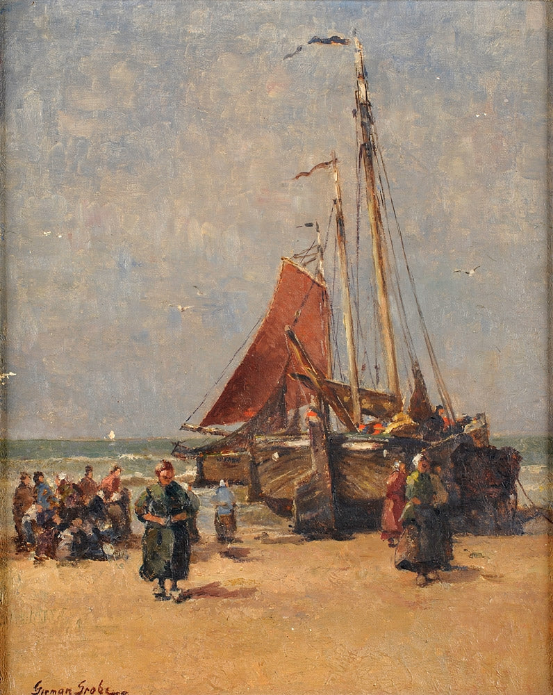 Fishermen Unloading the Catch, vintage artwork by German Grobe, 12x8" (A4) Poster