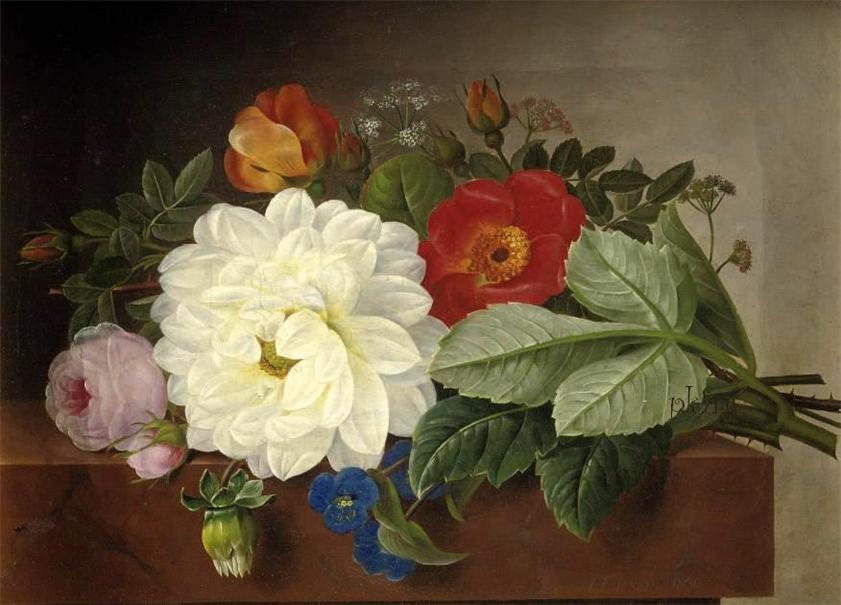A bouquet of flowers on a marble ledge, vintage artwork by Johan Laurentz (J.L.) Jensen, A3 (16x12") Poster Print
