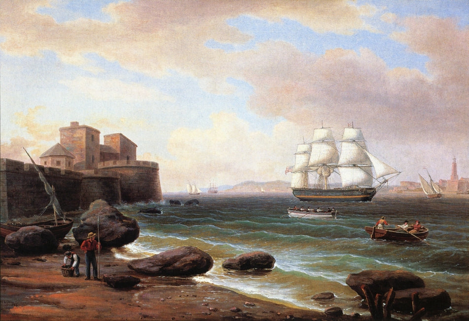 American Merchant Ship Entering Marseilles, vintage artwork by Thomas Birch, 12x8" (A4) Poster