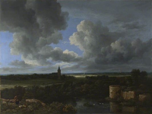 Landscape with a Ruined Castle and a Church, vintage artwork by Jacob van Ruisdael, 12x8" (A4) Poster