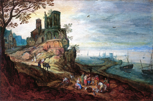 An Extensive Italianate Coastal Landscape with the Temple of Sybil...., vintage artwork by Jan Brueghel the Younger, 12x8" (A4) Poster