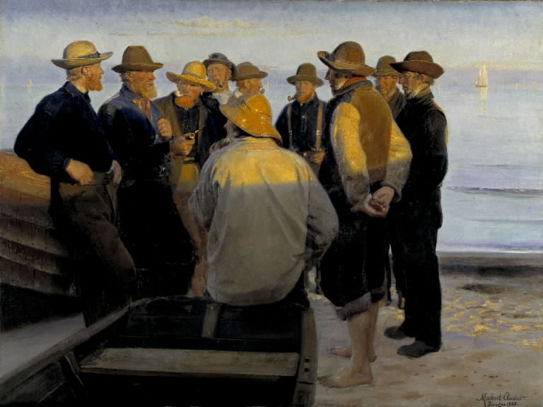Fishermen on the Beach on a Quiet Summer Evening, vintage artwork by Michael Peter Ancher, 12x8" (A4) Poster