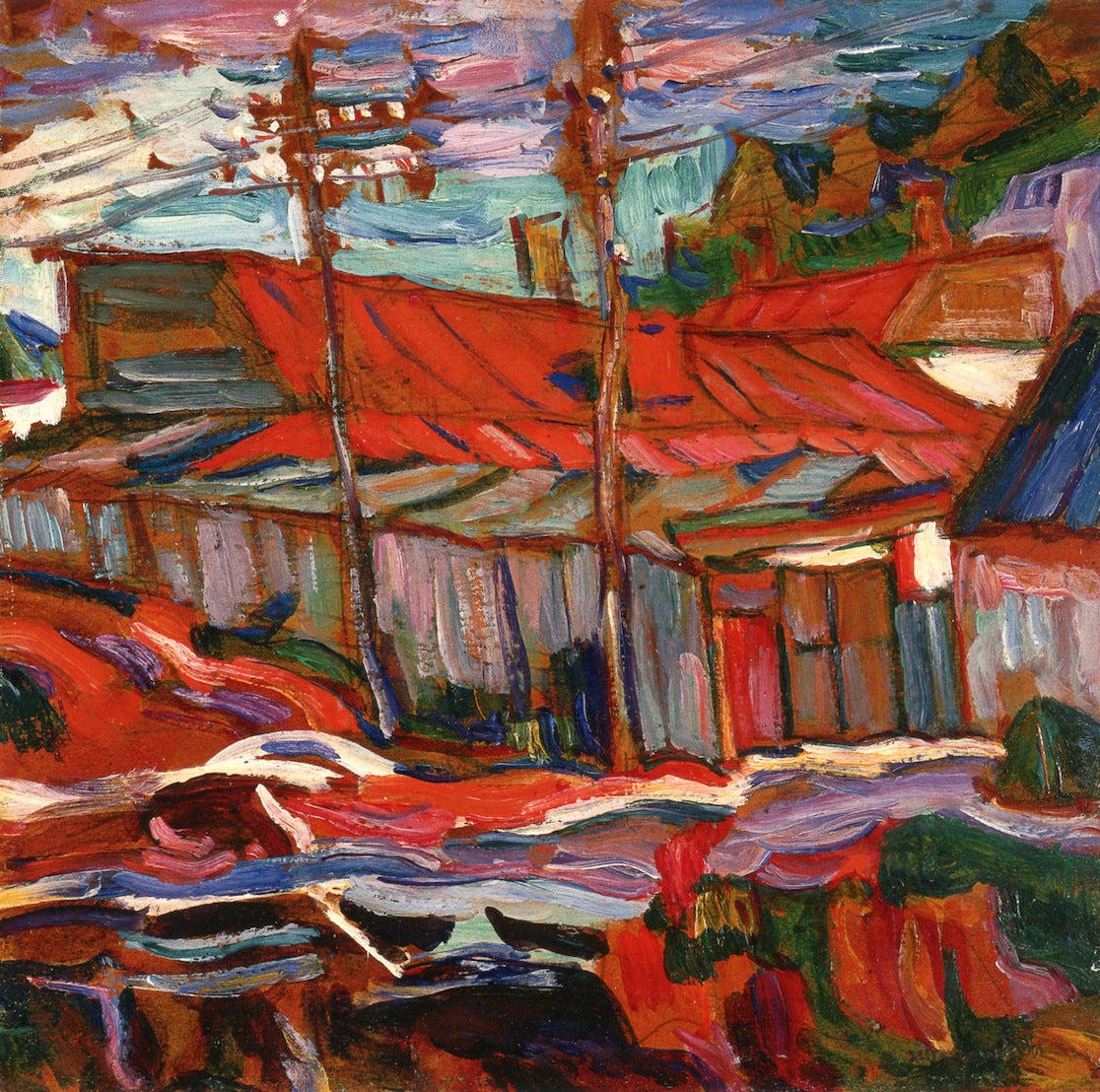 Red Roofs, Russia, vintage artwork by Abraham A. Manievich, 12x8" (A4) Poster