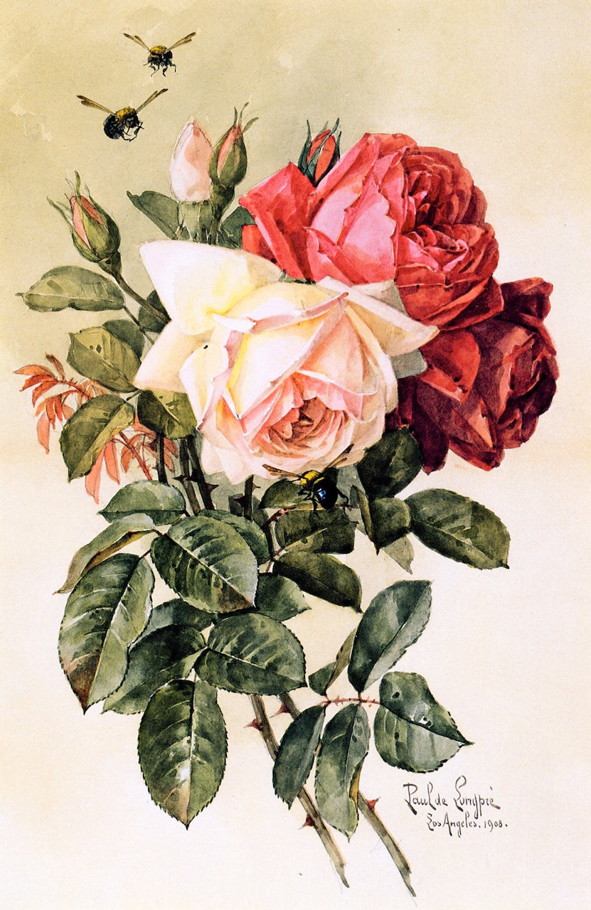 Roses and Bumblebees, vintage artwork by Raoul de Longpre, 12x8" (A4) Poster