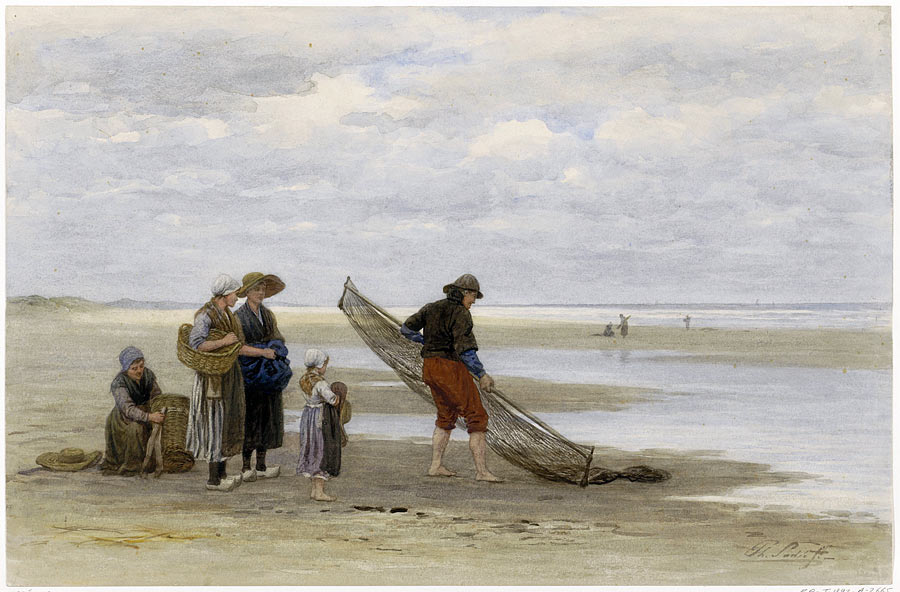 Shrimp Fisherman on the Beach, vintage artwork by Philip Lodewijk Jacob Frederik Sadee, 12x8" (A4) Poster