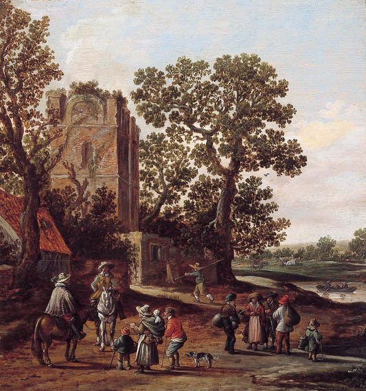 Landscape with Beggars and Two Riders at a Ruin, vintage artwork by Jan van Goyen, 12x8" (A4) Poster