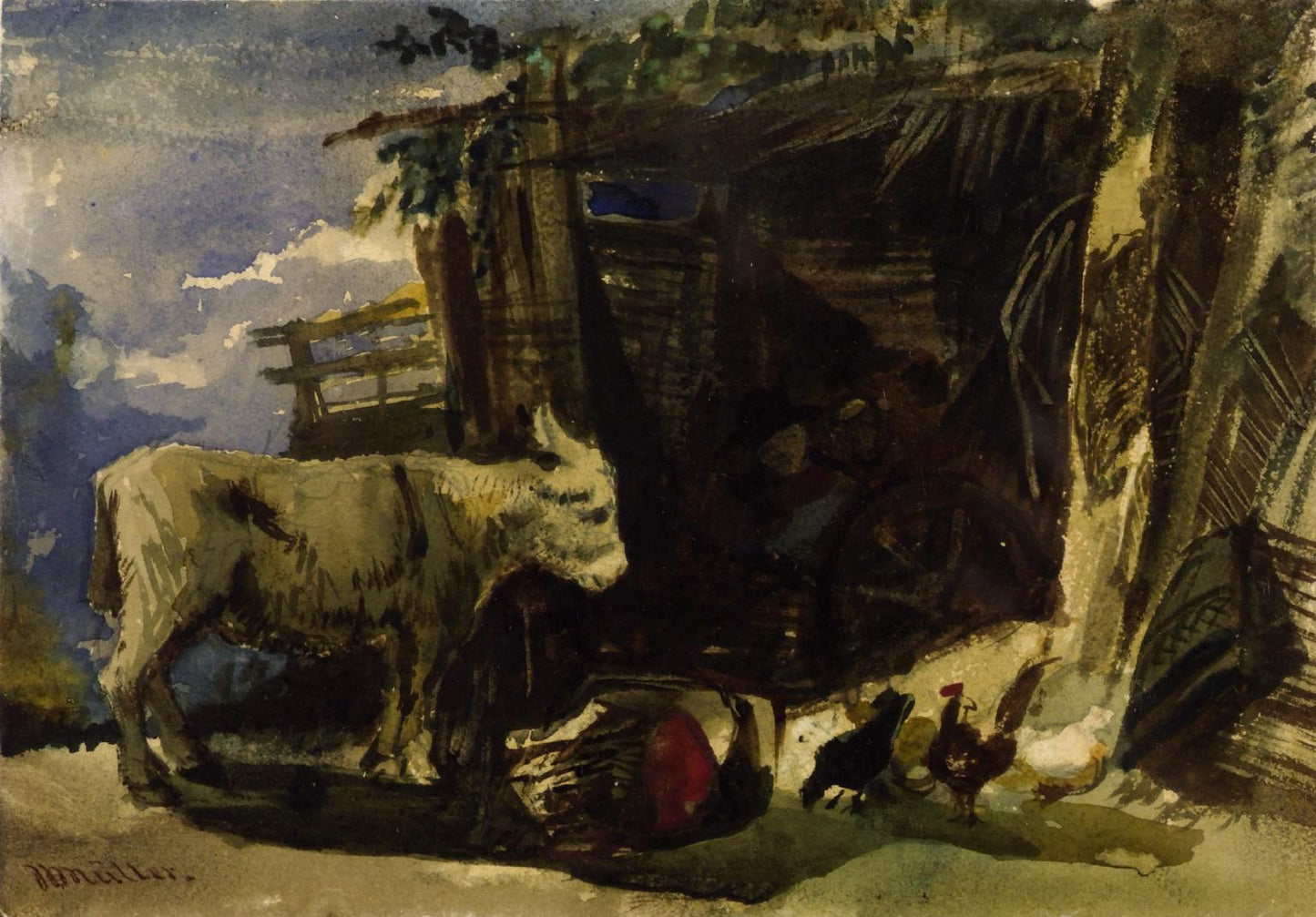 Donkey and Fowls, vintage artwork by William James Müller, A3 (16x12") Poster Print