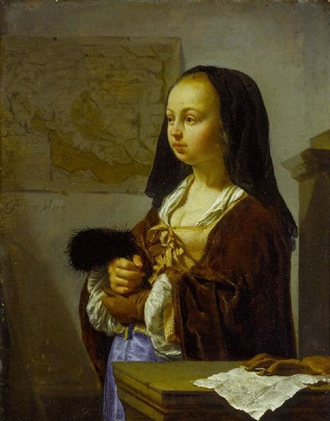 Young Lady prepares to go out carrying Feathers, vintage artwork by Frans van Mieris the Elder, 12x8" (A4) Poster