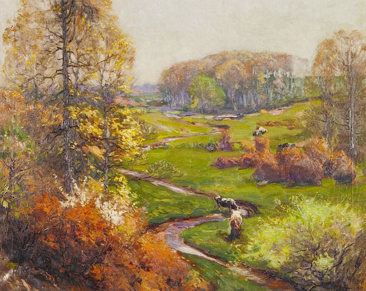Spring Landscape with Meandering Stream and Cows, vintage artwork by Mathias Joseph Alten, 12x8" (A4) Poster