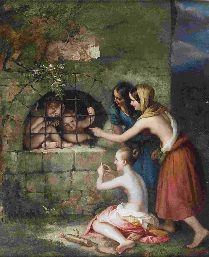 Three girls taunt the captured cupids, vintage artwork by Carl Joseph Begas, A3 (16x12") Poster Print