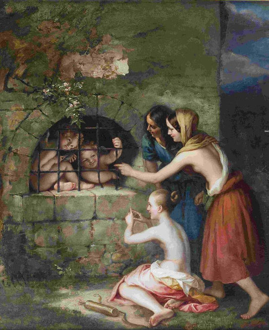 Three girls taunt the captured cupids, vintage artwork by Carl Joseph Begas, A3 (16x12") Poster Print