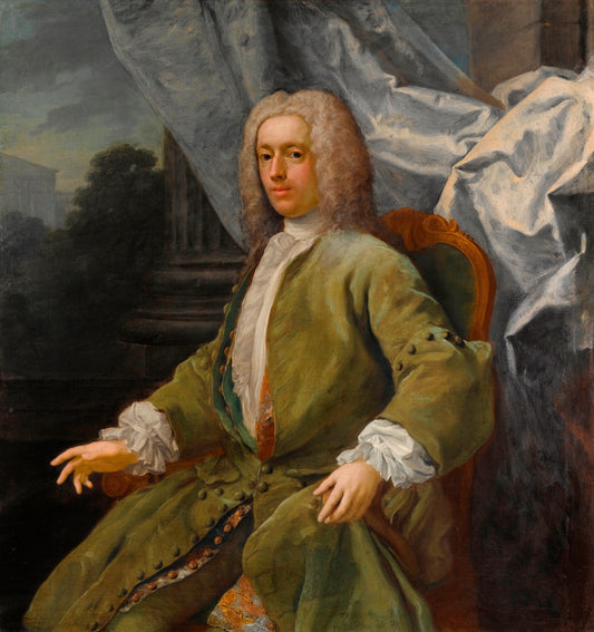 Portrait of a Seated Gentleman, Three Quarter Length, Wearing a Green Jacket, vintage artwork by Jacopo Amigoni, 12x8" (A4) Poster