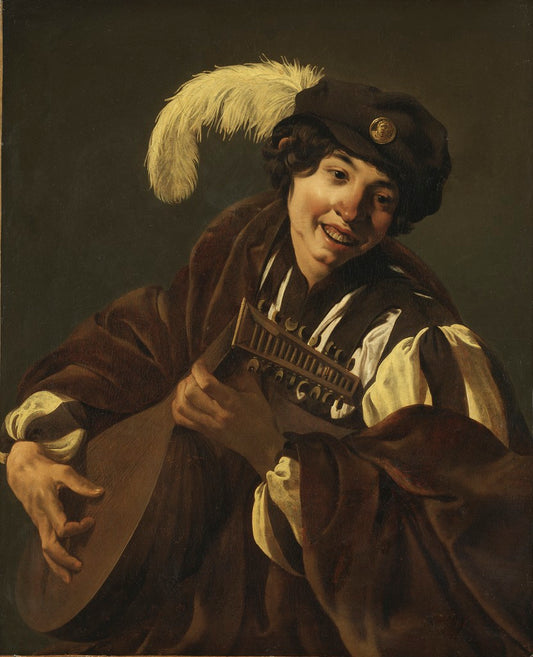A Boy Playing the Lute, vintage artwork by Hendrick Terbrugghen, 12x8" (A4) Poster