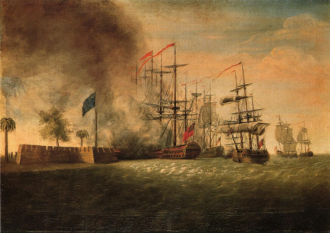 Sir Peter Parker's Attack Against Fort Moultrie, vintage artwork by James Peale, 12x8" (A4) Poster