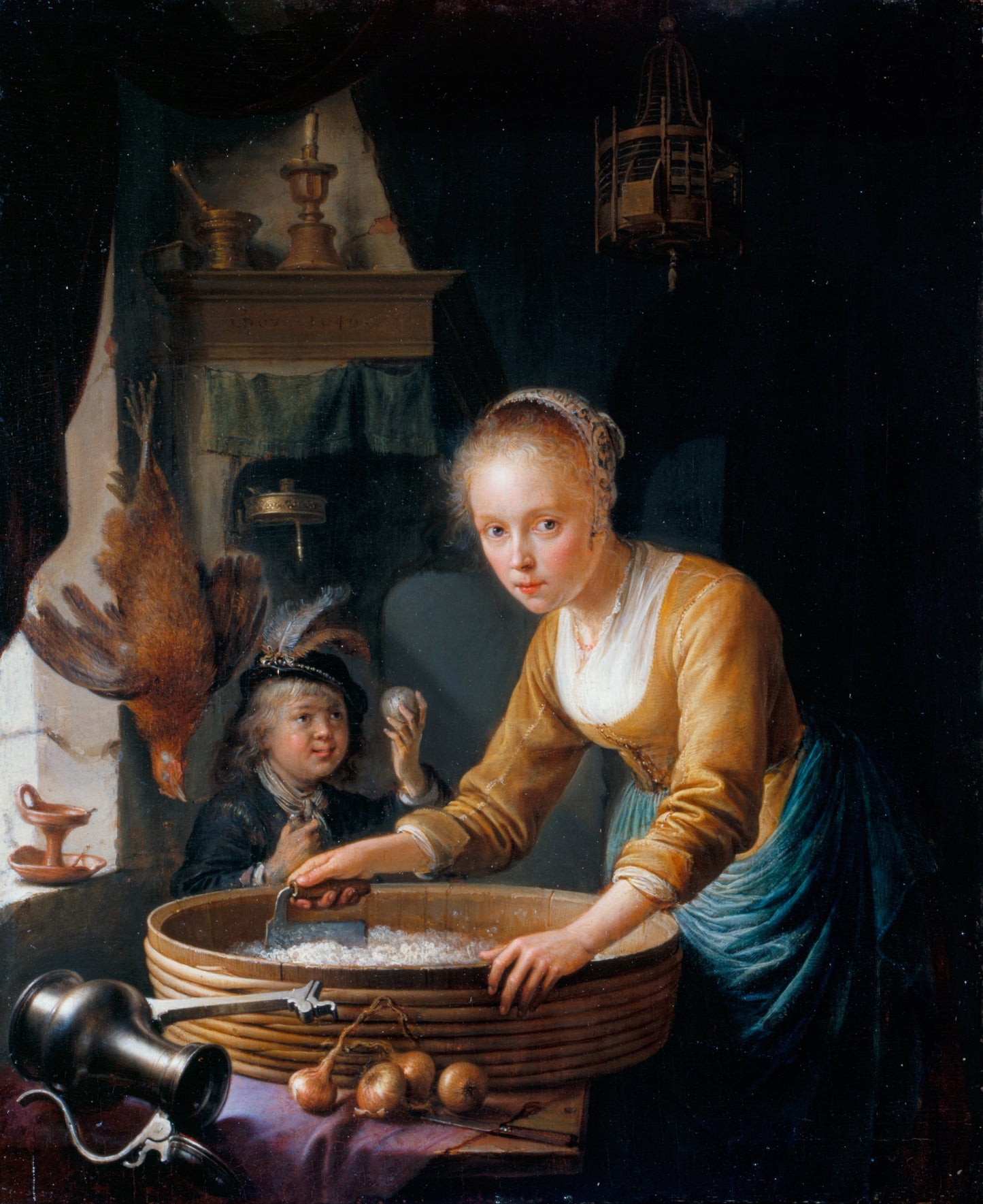 Girl Chopping Onions, vintage artwork by Gerrit Dou, 12x8" (A4) Poster