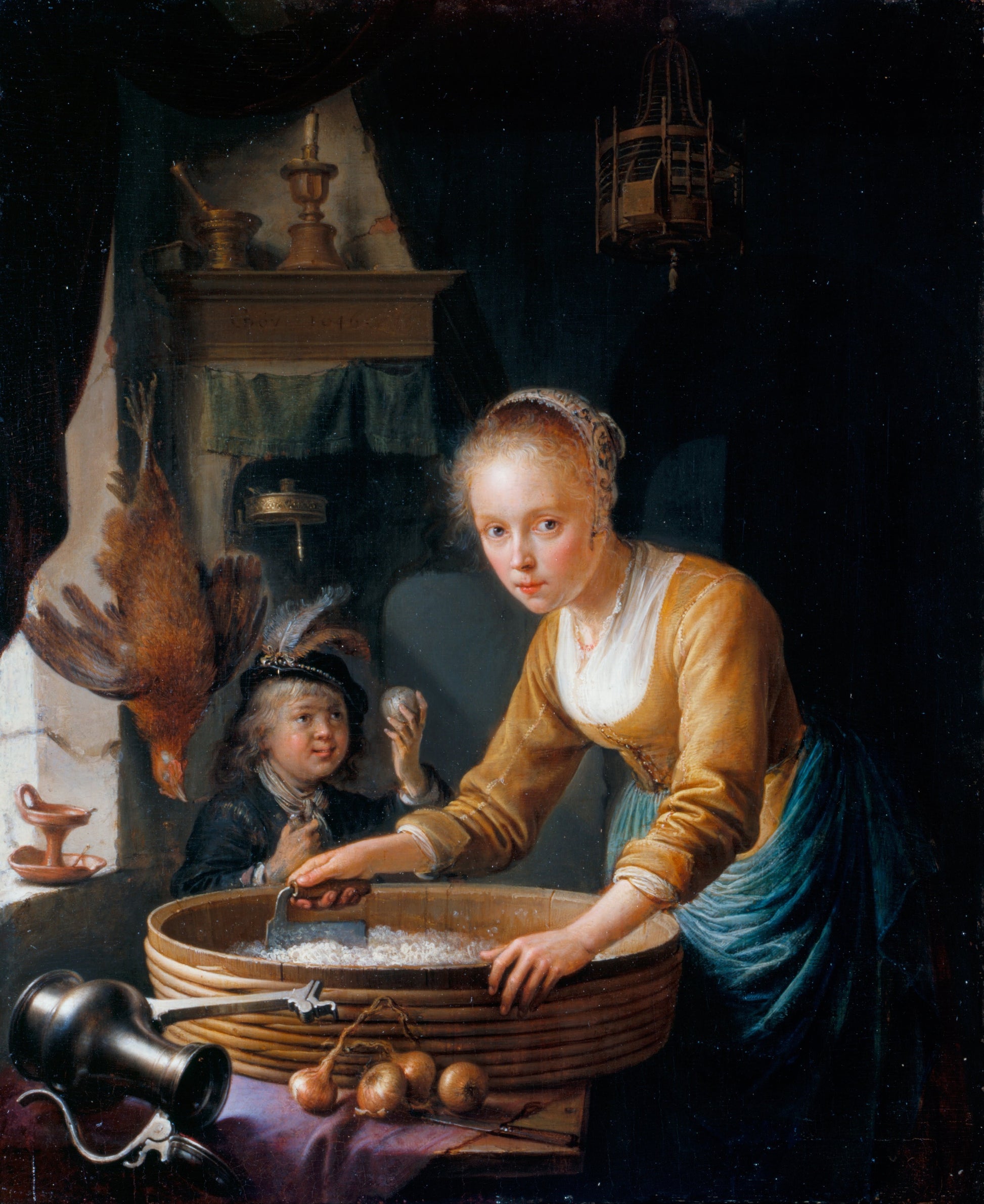 Girl Chopping Onions, vintage artwork by Gerrit Dou, 12x8" (A4) Poster