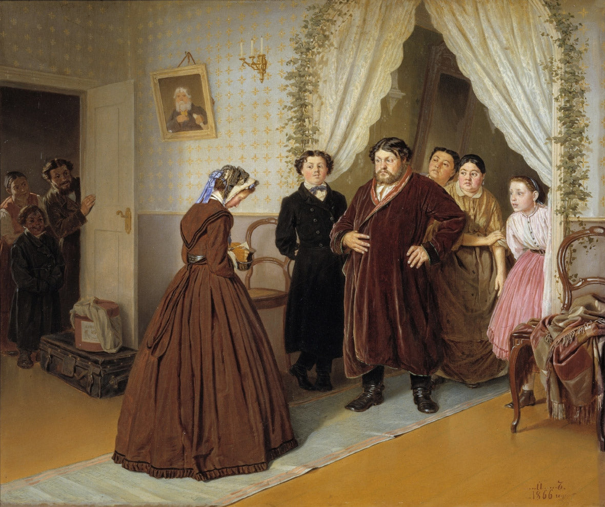 The Arrival of Governess at the Merchant's Home, vintage artwork by Vasily Grigoryevich Perov, 12x8" (A4) Poster