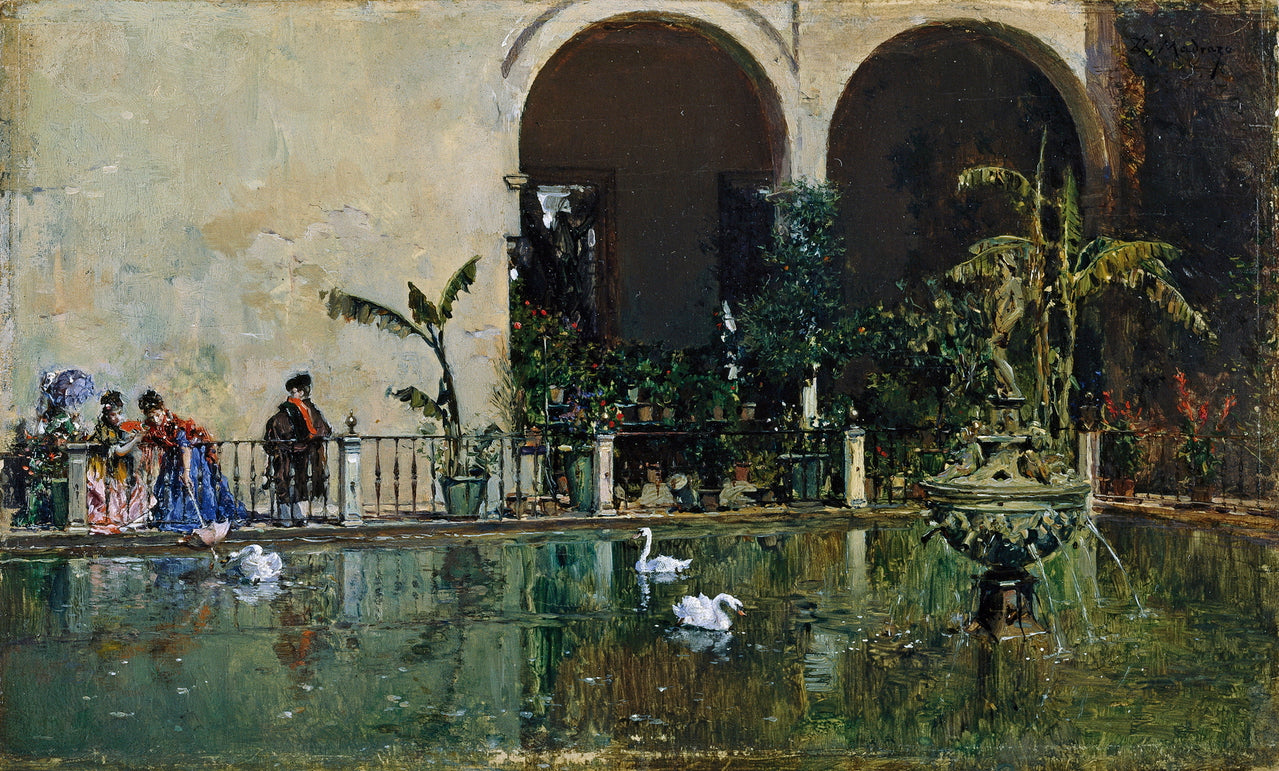 Pond in the Gardens of the Real Alcazar of Seville, vintage artwork by Raimundo de Madrazo y Garreta, 12x8" (A4) Poster