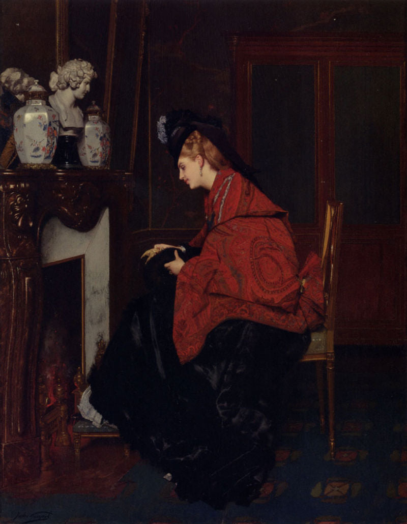 by  the Fireplace, vintage artwork by Jules-Adolphe Goupil, 12x8" (A4) Poster