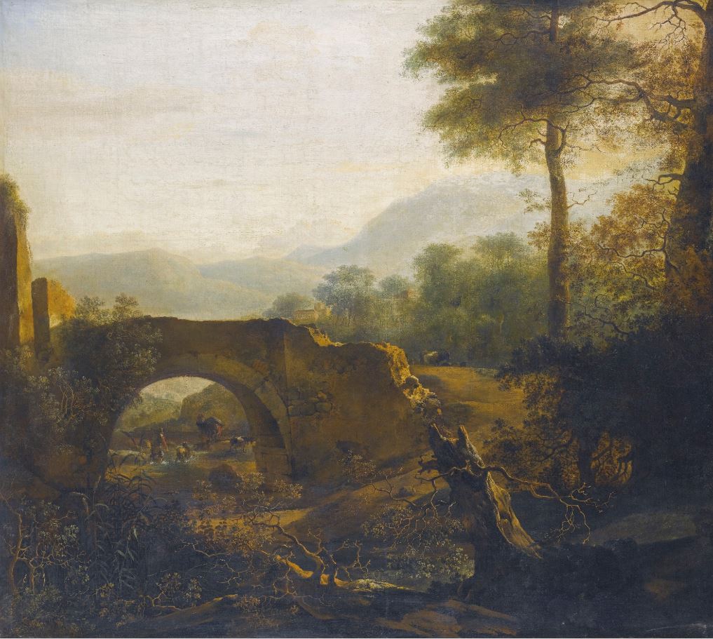 Landscape with a Ruined Bridge, vintage artwork by Adam Pynacker, 12x8" (A4) Poster