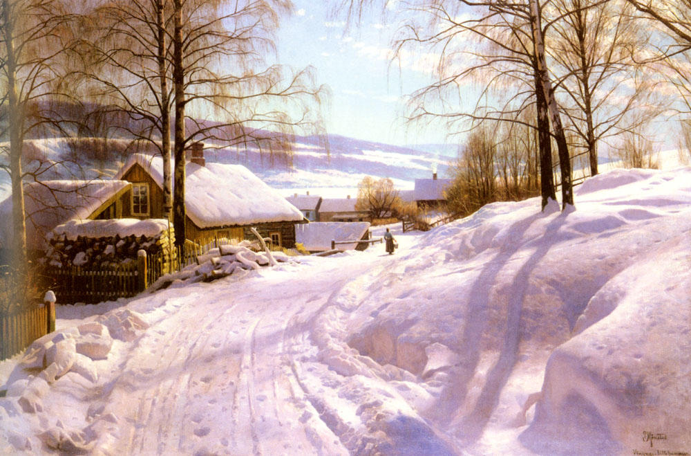 On the Snowy Path, vintage artwork by Peder Mork Mønsted, 12x8" (A4) Poster