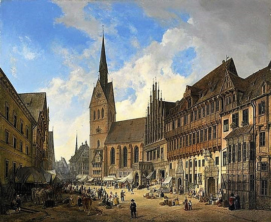 Church of St George and Jabob and Market Place in Hannover, vintage artwork by Domenico Quaglio the Younger, 12x8" (A4) Poster