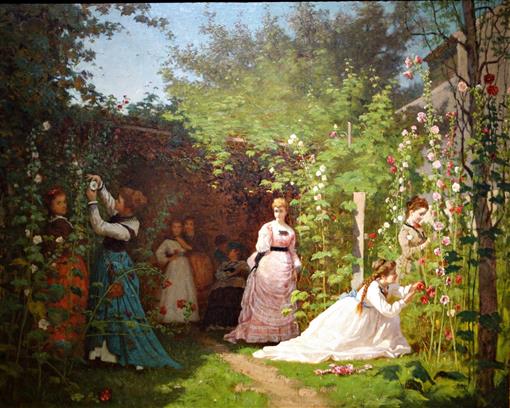 Hollyhocks, vintage artwork by Eastman Johnson, 12x8" (A4) Poster