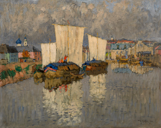 Boats by  the River Bank, vintage artwork by Konstantin Gorbatov, 12x8" (A4) Poster