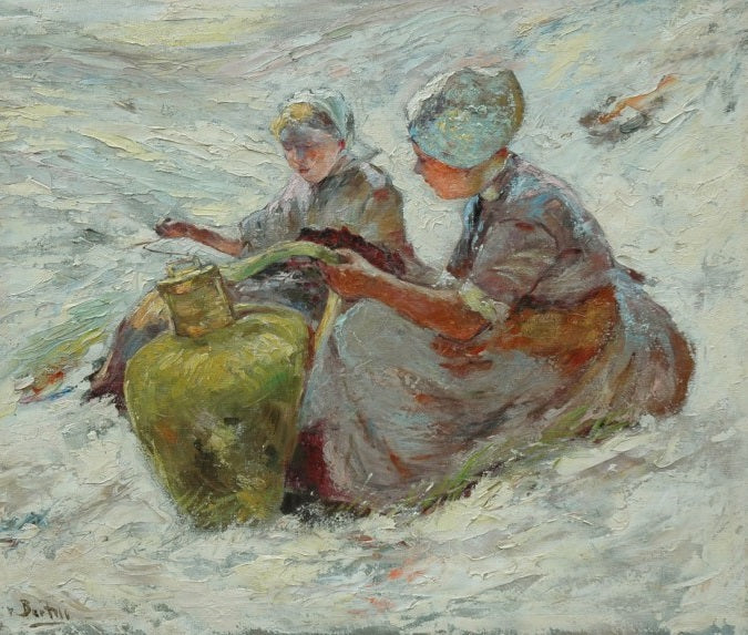Two fisherwomen in the dunes, vintage artwork by Hans von Bartels, 12x8" (A4) Poster