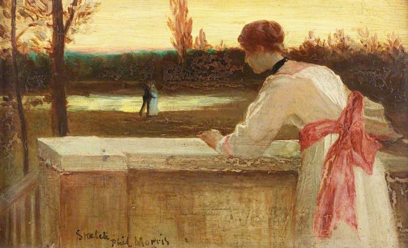 Girl on a Balcony Watching a Couple by  a Lake, vintage artwork by Phillip Richard Morris, 12x8" (A4) Poster