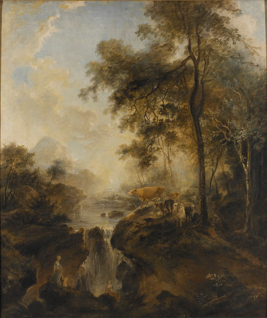 Landscape with a Waterfall and Cattle, vintage artwork by Elias Martin, 12x8" (A4) Poster