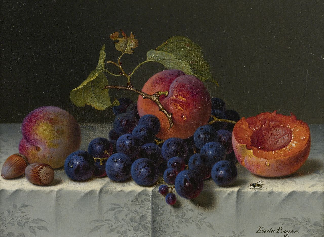 Still life with peaches, grapes and nuts on a table, vintage artwork by Emilie Preyer, 12x8" (A4) Poster