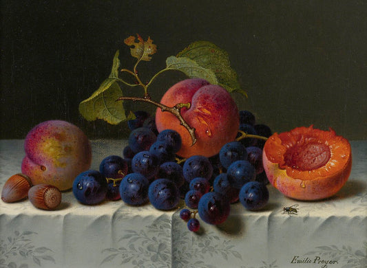 Still life with peaches, grapes and nuts on a table, vintage artwork by Emilie Preyer, 12x8" (A4) Poster