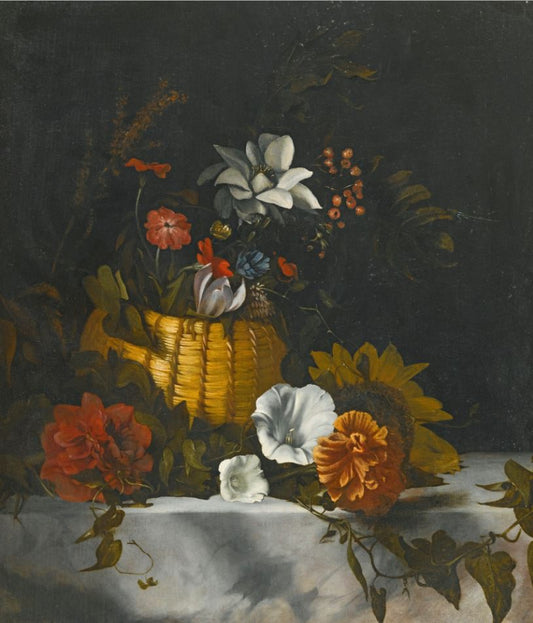 A Still Life of a Basket of Flowers on a Large Marble Ledge, vintage artwork by Dirck de Bray, 12x8" (A4) Poster
