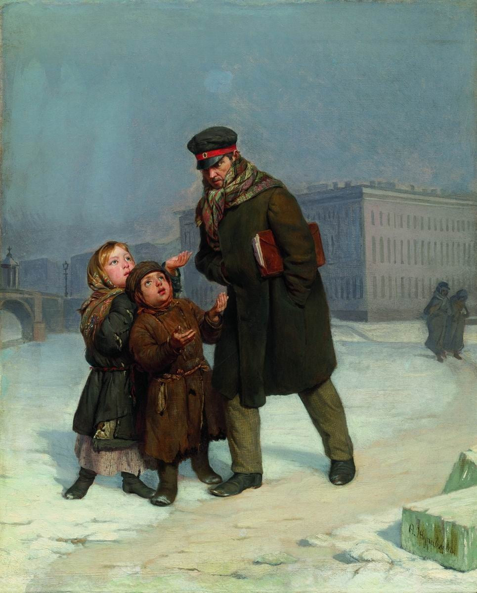 The Beggar Children, vintage artwork by Firs Sergeevich Zhuravlev, 12x8" (A4) Poster