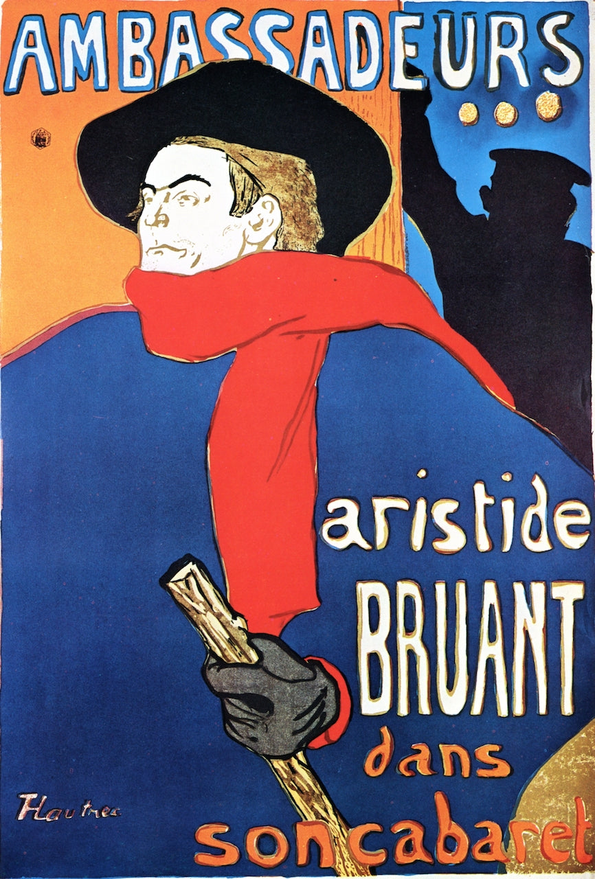 Ambassadeurs: Aristide Bruant dans son Cabaret, vintage artwork by Henri de Toulouse-Lautrec, 12x8" (A4) Poster