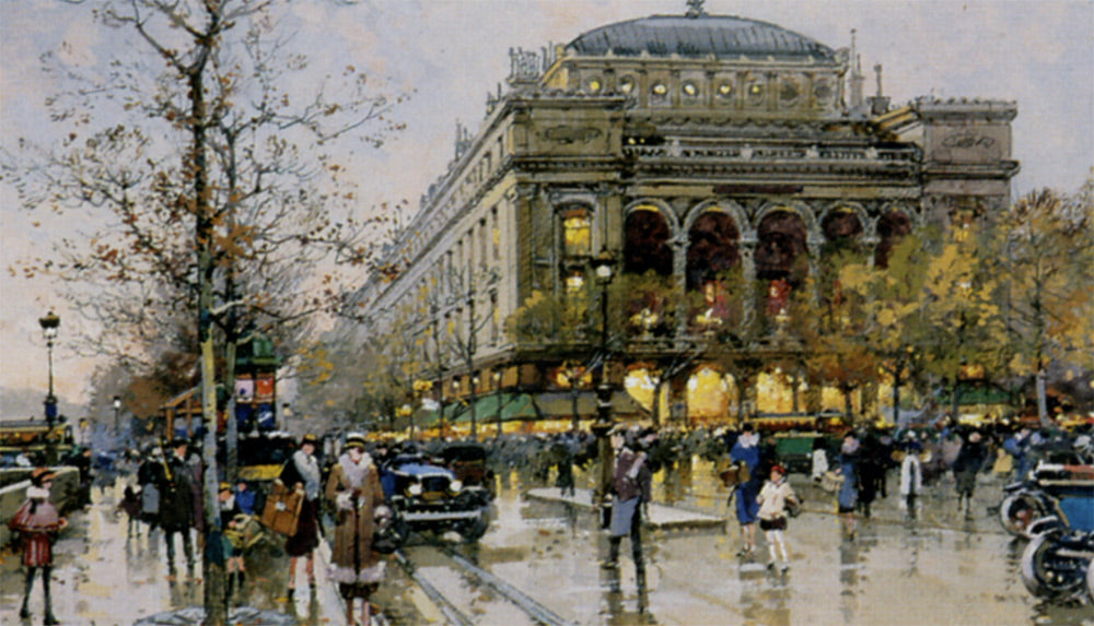 Chatelet square, vintage artwork by Eugene Galien-Laloue, 12x8" (A4) Poster