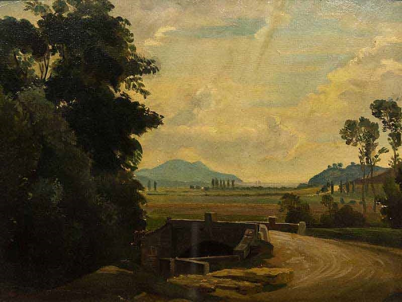 Country Road over a Bridge with Mountains and the Sea Beyond, vintage artwork by Karl August Heinrich Ferdinand Oesterley, Jr., 12x8" (A4) Poster