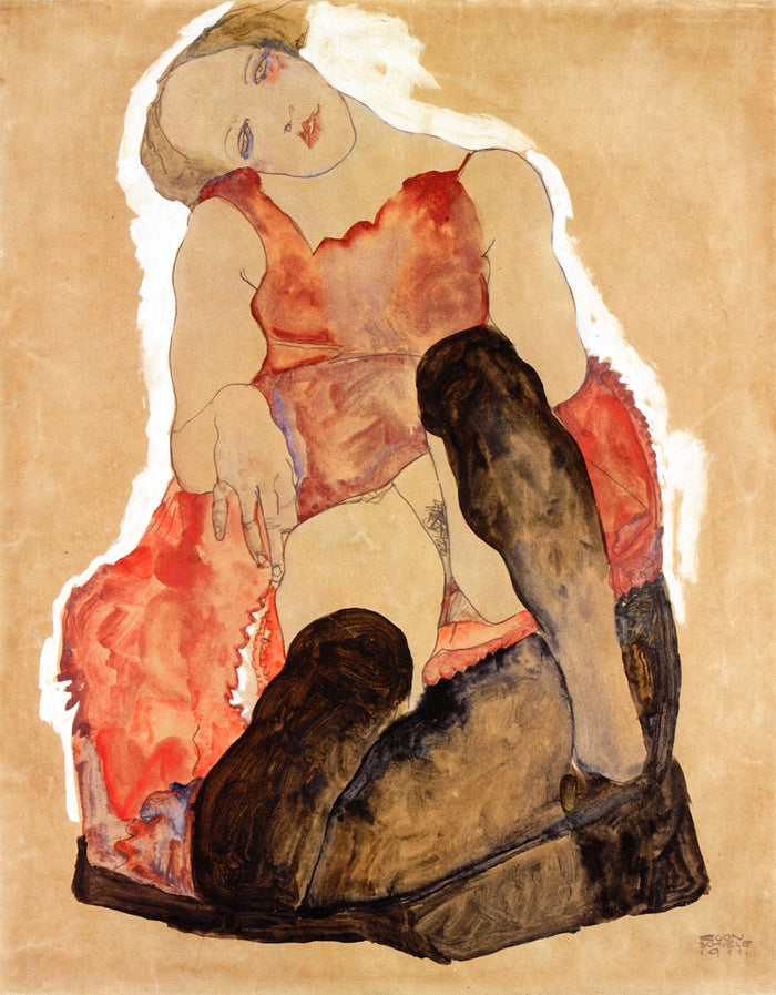 Girl with Black Stockings, vintage artwork by Egon Schiele, 12x8