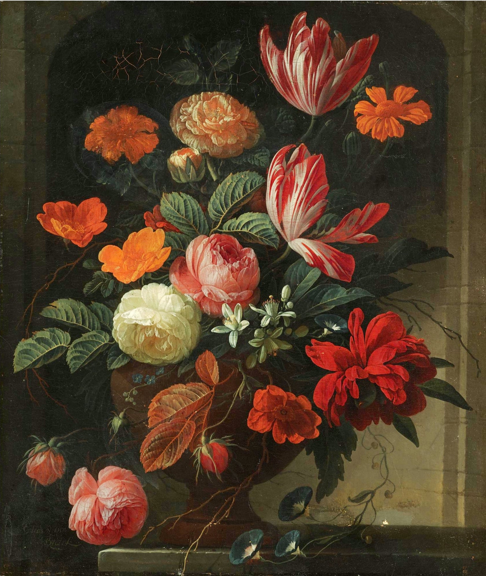 Still Life with Flowers in an Urn on a Stone Ledge, vintage artwork by Elias van den Broeck, 12x8" (A4) Poster