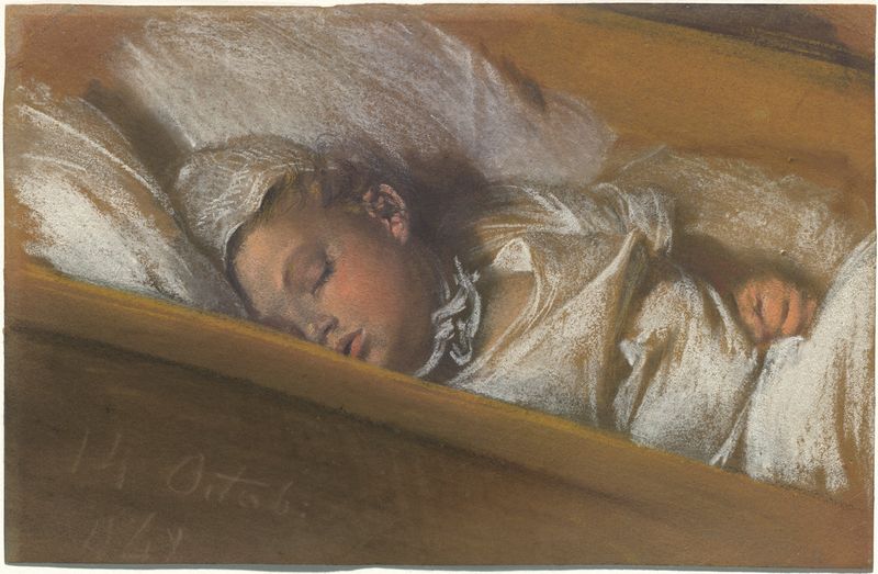 An Infant Asleep in His Crib, vintage artwork by Adolph von Menzel, A3 (16x12") Poster Print