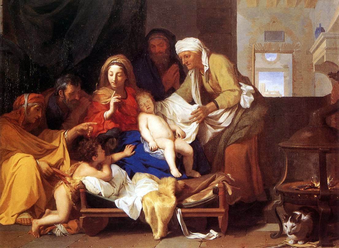 Holy Family with the Adoration of the Child, vintage artwork by Charles Le Brun, 12x8" (A4) Poster