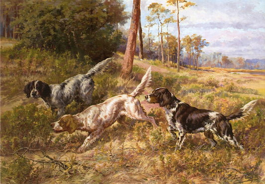 English Setters in Field, vintage artwork by Edmond H. Osthaus, 12x8" (A4) Poster