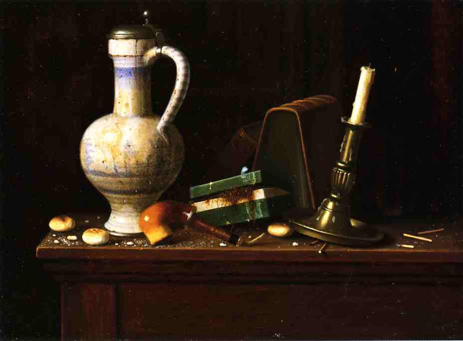 Still Life with Blue and White Pitcher, Tobacco Case and Pipe, vintage artwork by William Michael Harnett, 12x8" (A4) Poster