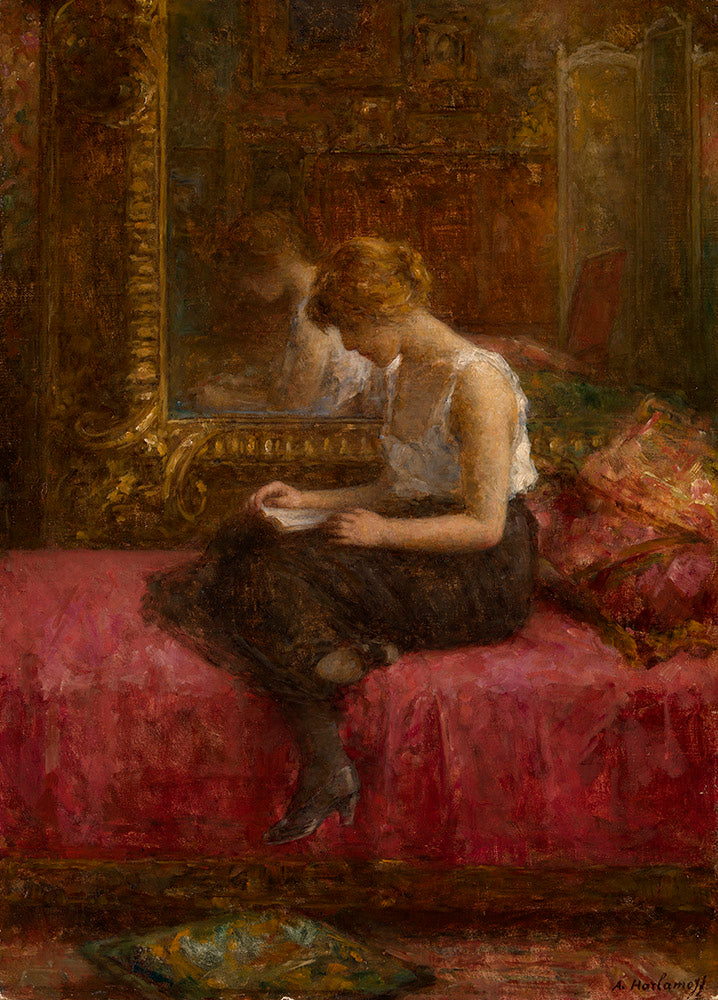 Literary Pursuits of a Young Lady, vintage artwork by Alexei Harlamoff, 12x8" (A4) Poster