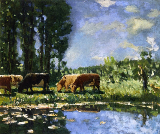 Cows on the Banks of a Pond, vintage artwork by Pierre-Eugène Montezin, 12x8" (A4) Poster