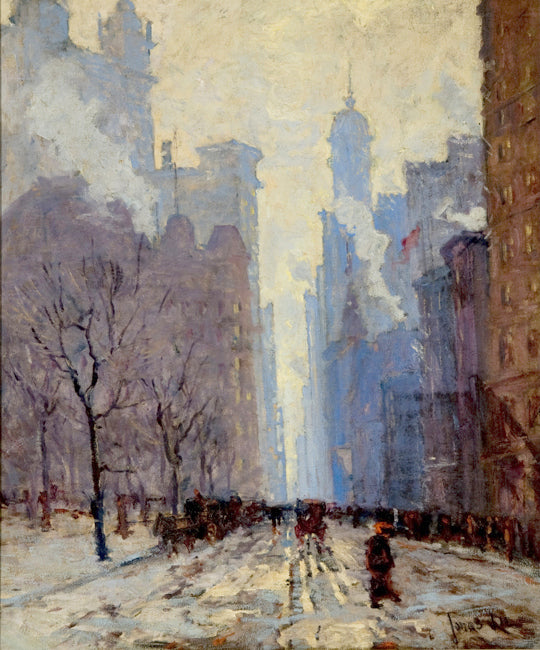 Dusk on Lower Broadway, vintage artwork by Jonas Lie, 12x8" (A4) Poster