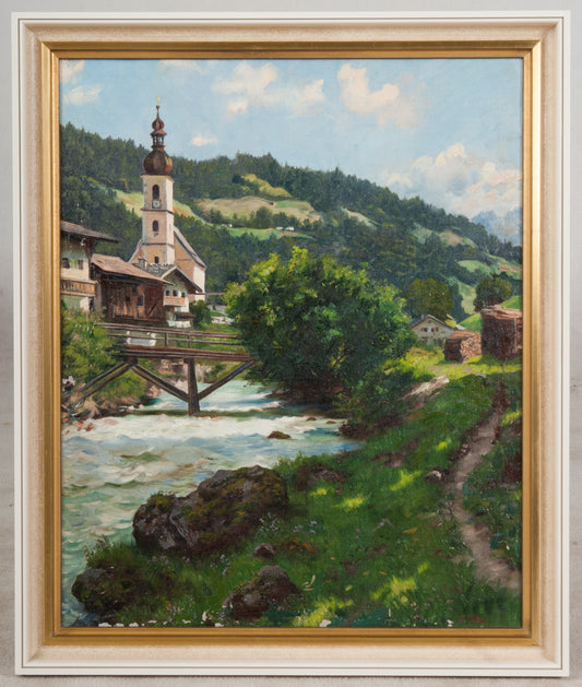 Süddeutsche Landschaft mit Wallfahrtskirche, vintage artwork by Emil Rau, 12x8" (A4) Poster