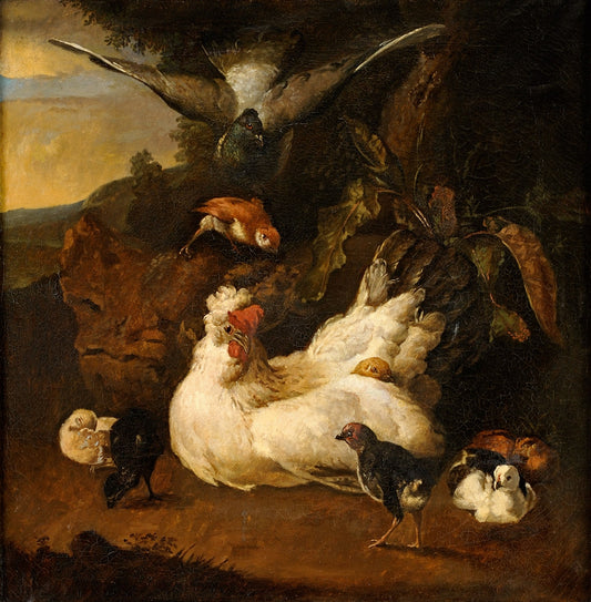 Hen with Chickens, vintage artwork by Melchior d'Hondecoeter, 12x8" (A4) Poster